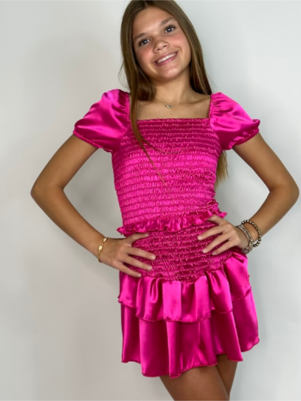 Pink Satin Smocked Dress